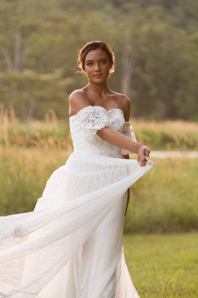 Unique lace bridal overskirt. Jaspe detachable overskirt. Ivory and Stone Bridal. Wanaka Wedding Dress