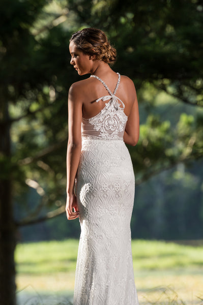 Unique lace wedding dress. Stunning back detail. Olivine. Ivory and Stone Bridal