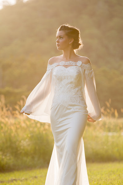 Unique lace bridal cape. Covelline Cape. Ivory and Stone. Wanaka New Zealand