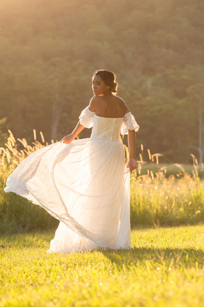 Unique lace bridal overskirt. Jaspe detachable overskirt. Ivory and Stone Bridal. Wanaka Wedding Dress