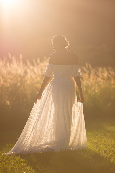 Unique lace bridal overskirt. Jaspe detachable overskirt. Ivory and Stone Bridal