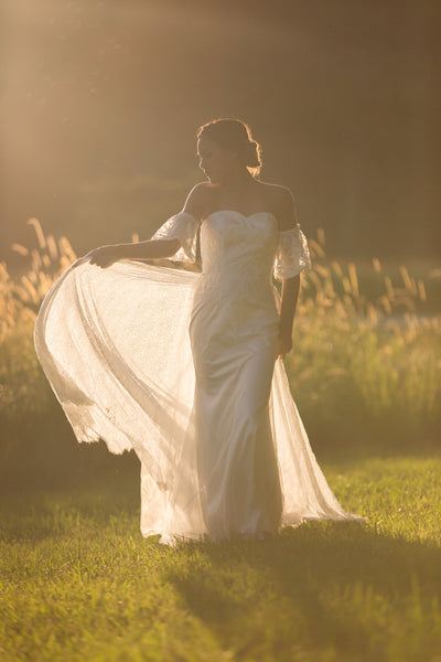 Unique lace bridal overskirt. Jaspe detachable overskirt. Ivory and Stone Bridal. Wanaka Wedding Dress