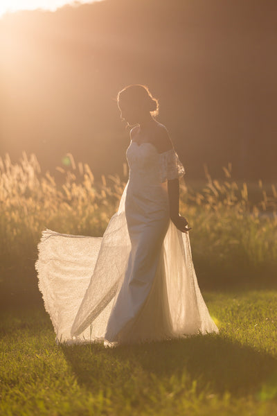 Unique lace bridal overskirt. Jaspe detachable overskirt. Ivory and Stone Bridal. Wanaka Wedding Dress